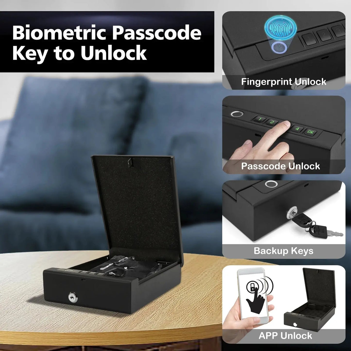 Biometric Technology Portable Gun Safe Box Tuya APP Password Fingerprint Key Unlock Cold-rolled Steel Material Safe Security Box RomantiLume
