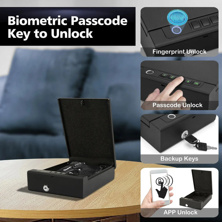Biometric Technology Portable Gun Safe Box Tuya APP Password Fingerprint Key Unlock Cold-rolled Steel Material Safe Security Box RomantiLume