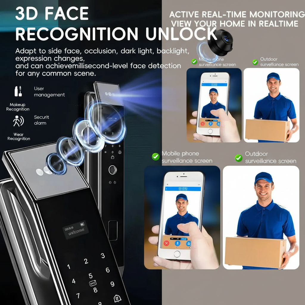 NEXASECURE 3D Face Recognition Smart Lock - Biometric Security Camera Monitor